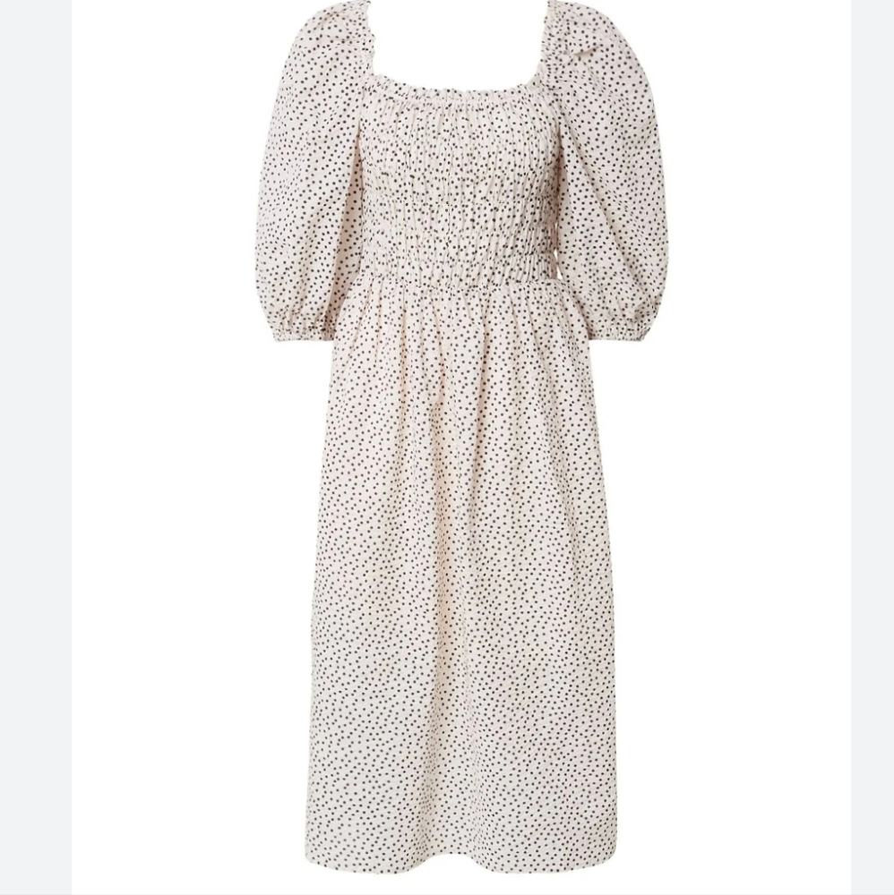 Just Female Avi Dress Cream Black Polka Dot‎ Smocked Midi Puff Sleeve 40 14032 - Picture 5 of 7